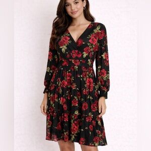 New Ember Black,Red Floral Long Sleeve Medi Dress Sz S Romantic Whimsigoth
